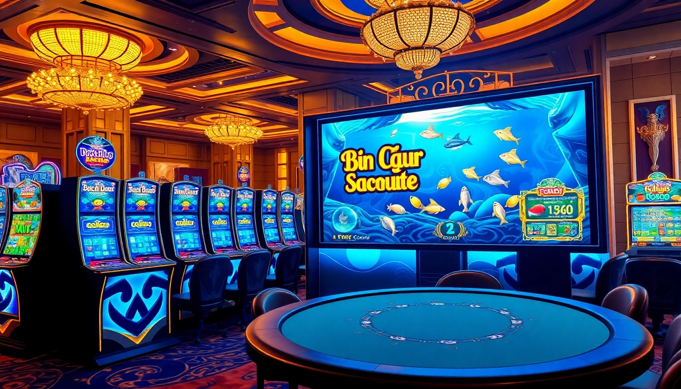 Bắn cá đổi thưởng Baby Dodoo engaging players in a vibrant casino environment with slot machines.