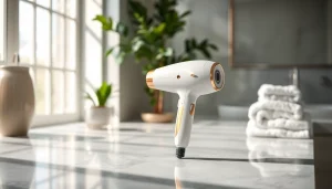 Using the laifen se lite hair dryer on a sleek countertop showcasing its sleek design and functionality.