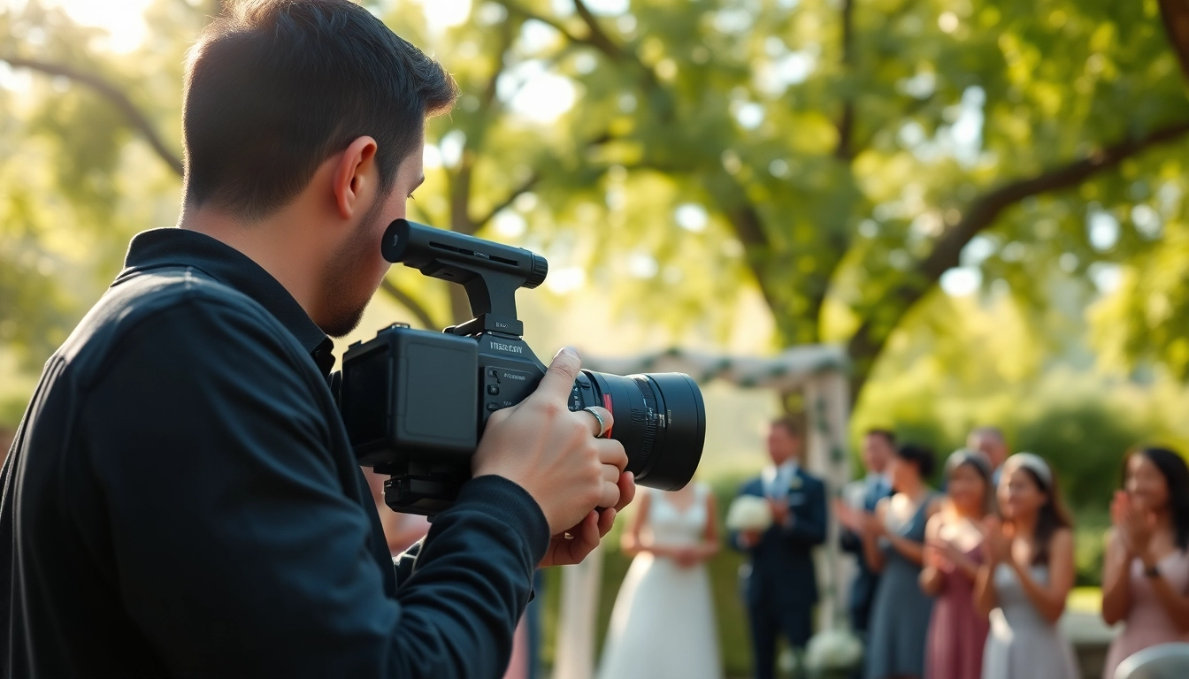 Videographer capturing precious moments during a wedding ceremony with a scenic backdrop.