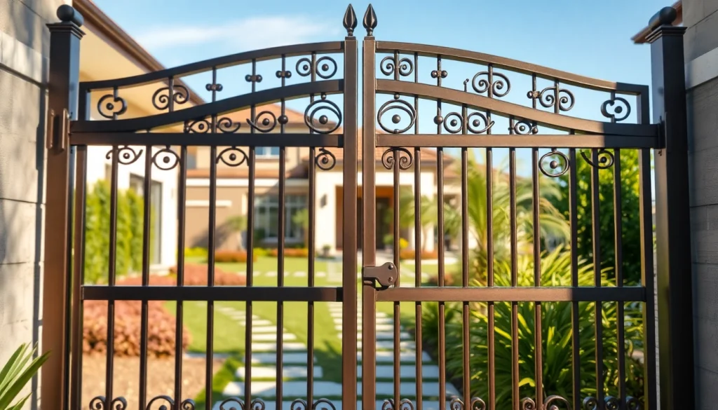 Elegant custom steel gates opening to a vibrant garden, showcasing intricate design and robust craftsmanship.