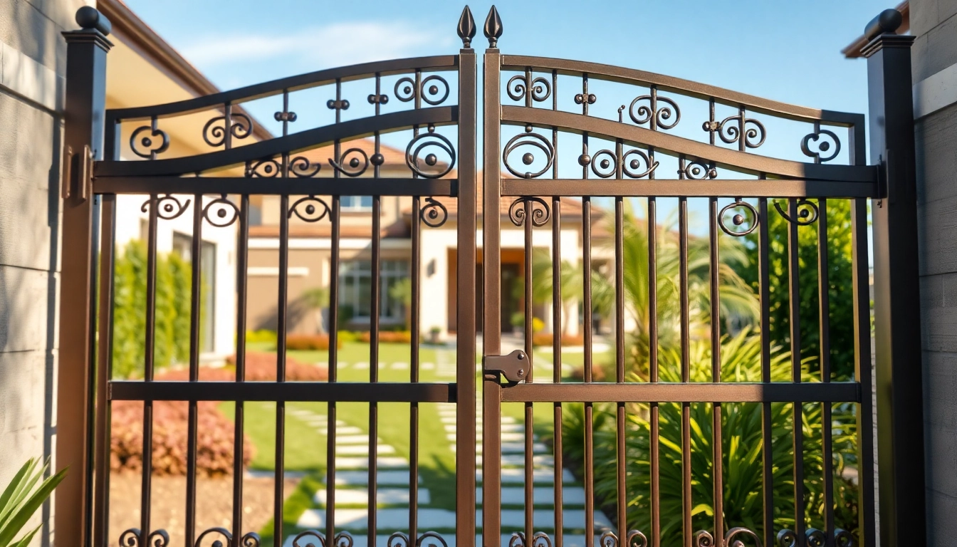 Elegant custom steel gates opening to a vibrant garden, showcasing intricate design and robust craftsmanship.