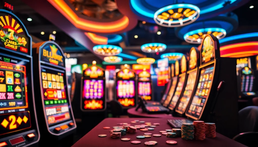 Bermain situs slot depo 5k dengan banyak mesin slot berwarna-warni dan suasana casino yang energik.