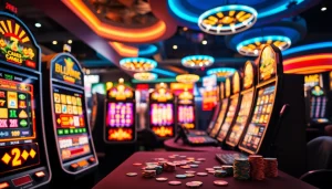 Bermain situs slot depo 5k dengan banyak mesin slot berwarna-warni dan suasana casino yang energik.