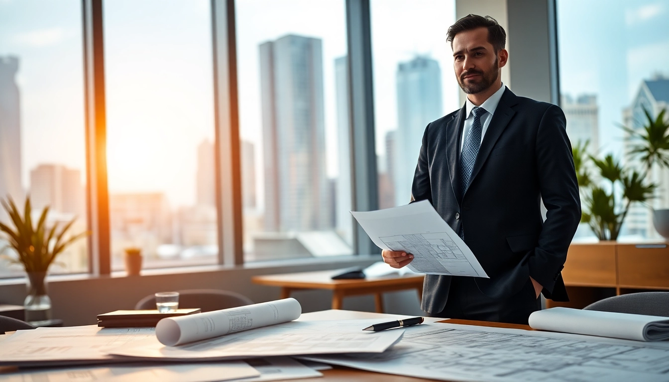 Real estate lawyer advising clients in a modern office with urban city views.