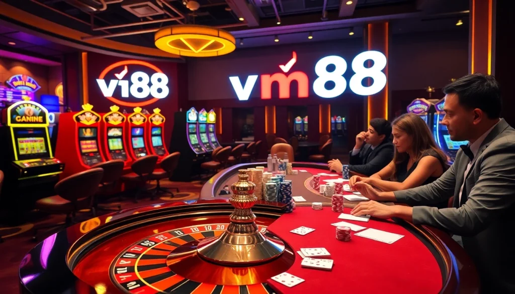 Players enjoying vibrant games at the vn88 casino, showcasing poker chips and roulette tables.