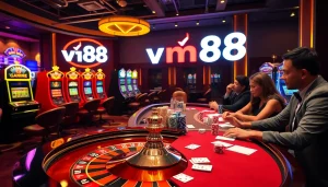 Players enjoying vibrant games at the vn88 casino, showcasing poker chips and roulette tables.