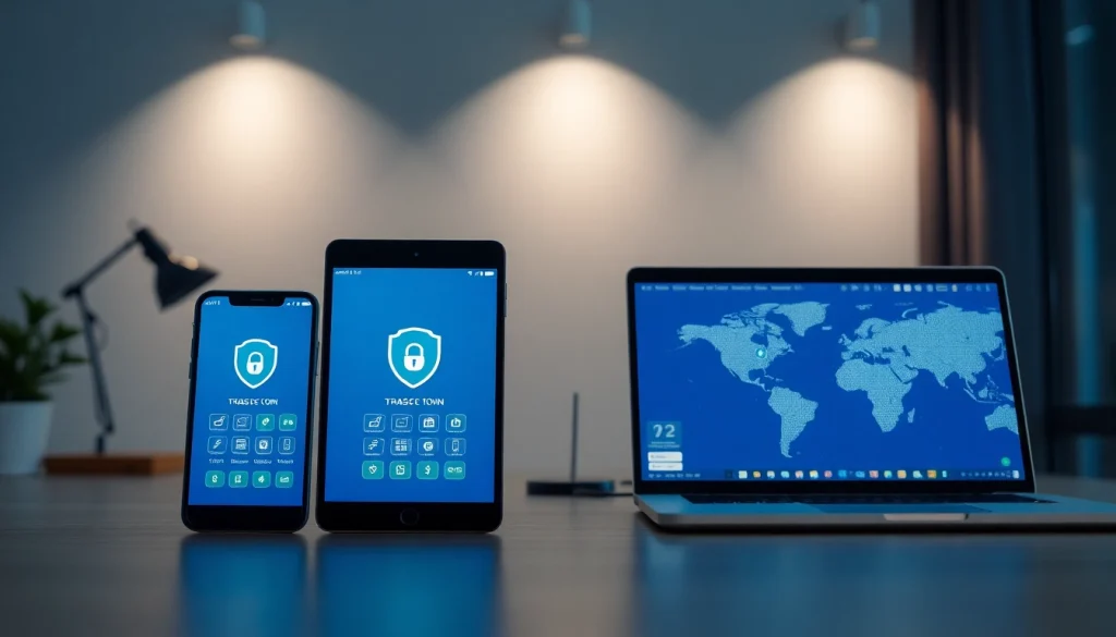 快连官网 showcasing the user-friendly interface of the VPN app on multiple devices in a modern workspace.