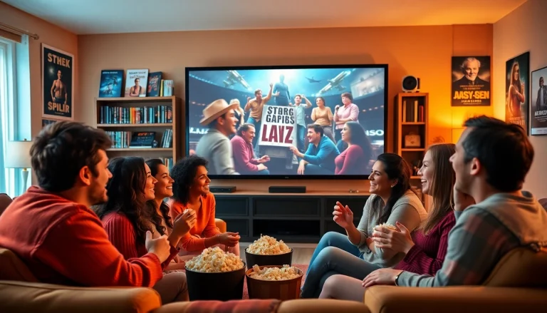 Friends enjoying filme online gratis during a cozy movie night at home.