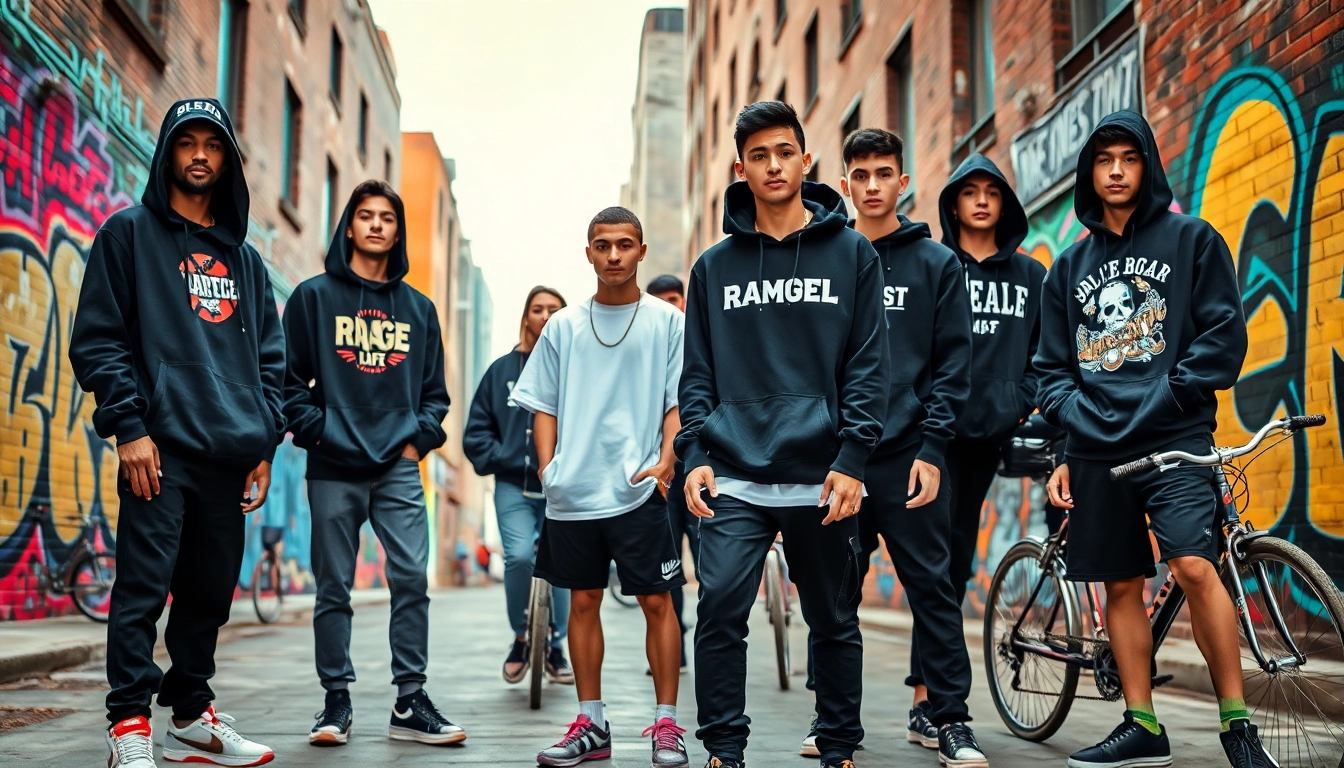 RageOff streetwear fashion showcased by diverse individuals in an urban setting, featuring trendy oversized hoodies and vibrant graffiti.