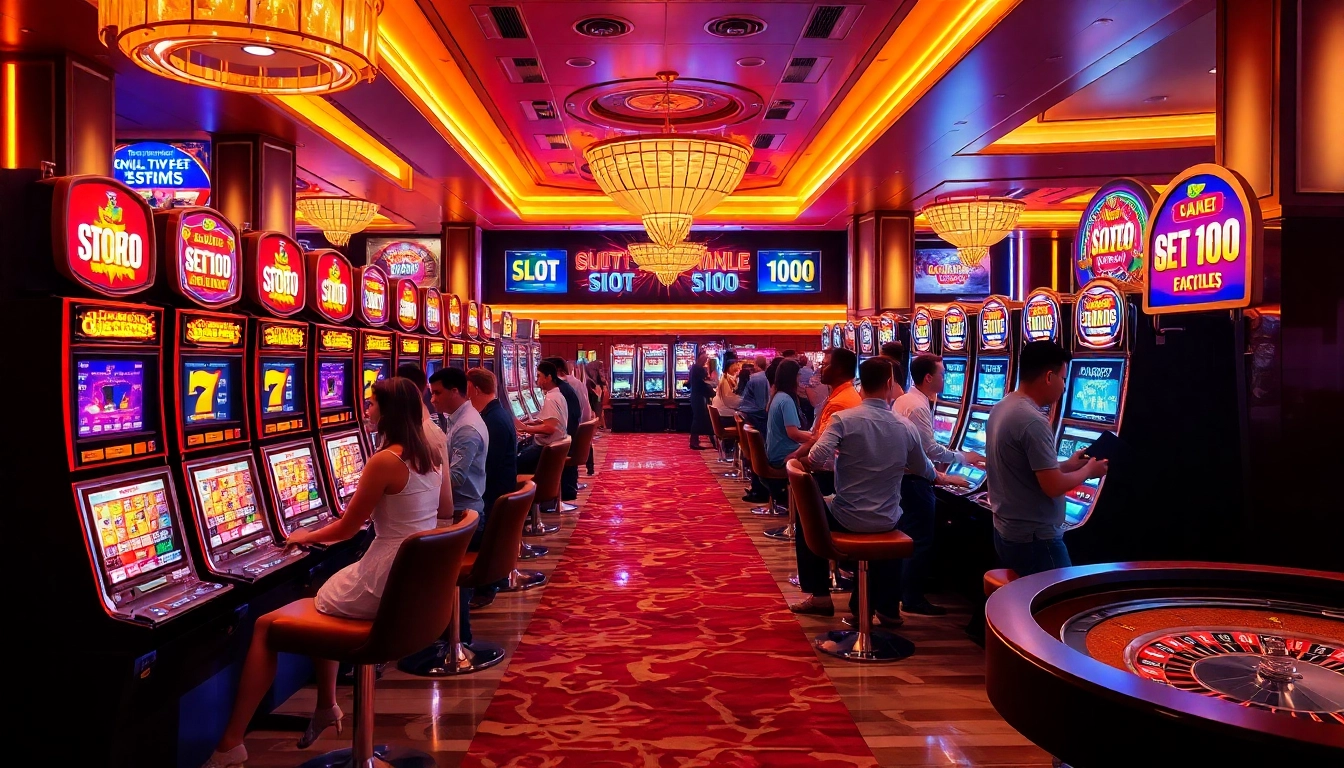 Gambling enthusiasts engaging in a slot bet 100 strategy amidst a vibrant casino atmosphere.