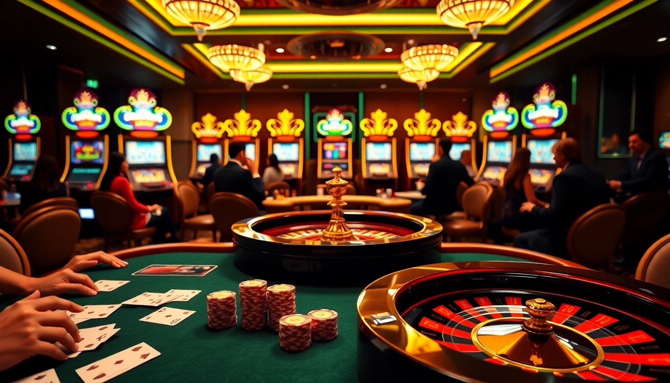 Experience top-tier gaming at https://okwin68.net/ with a luxurious casino atmosphere featuring poker tables and slot machines.