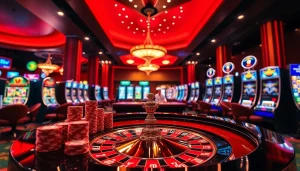 High-stakes gaming scene showcasing luxury at https://febet8.com with roulette, poker chips, and vibrant casino atmosphere.