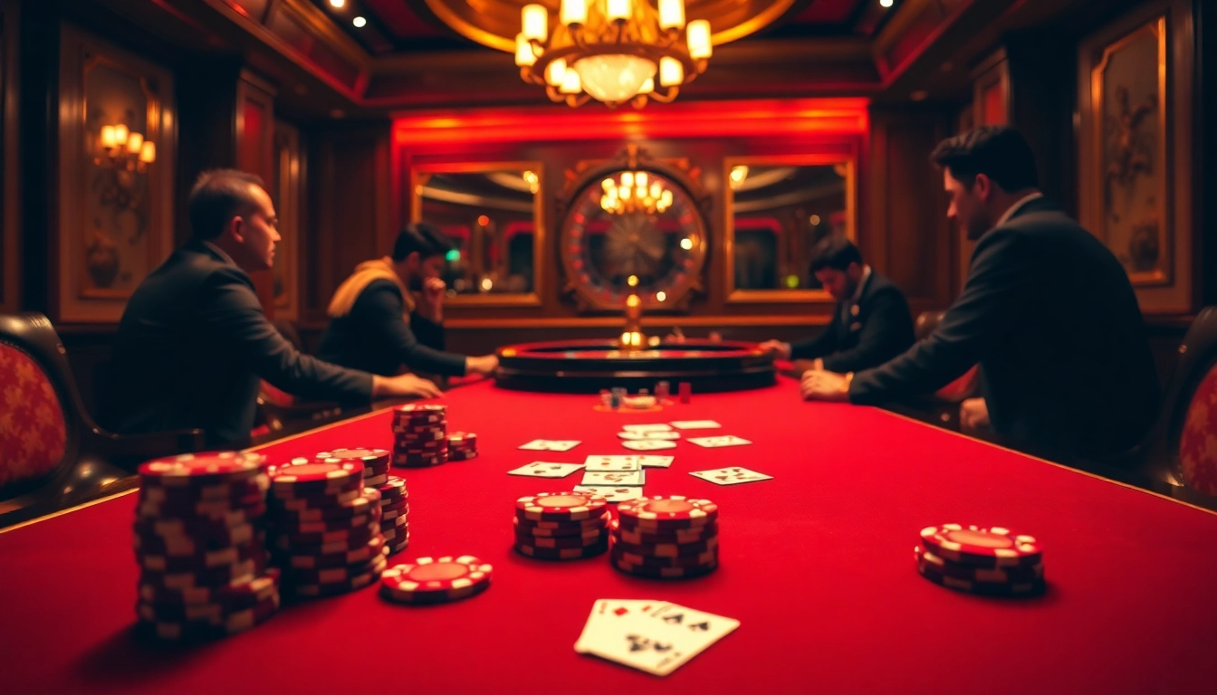Experience cm88 excitement at a high-stakes poker table in a luxurious casino setting.