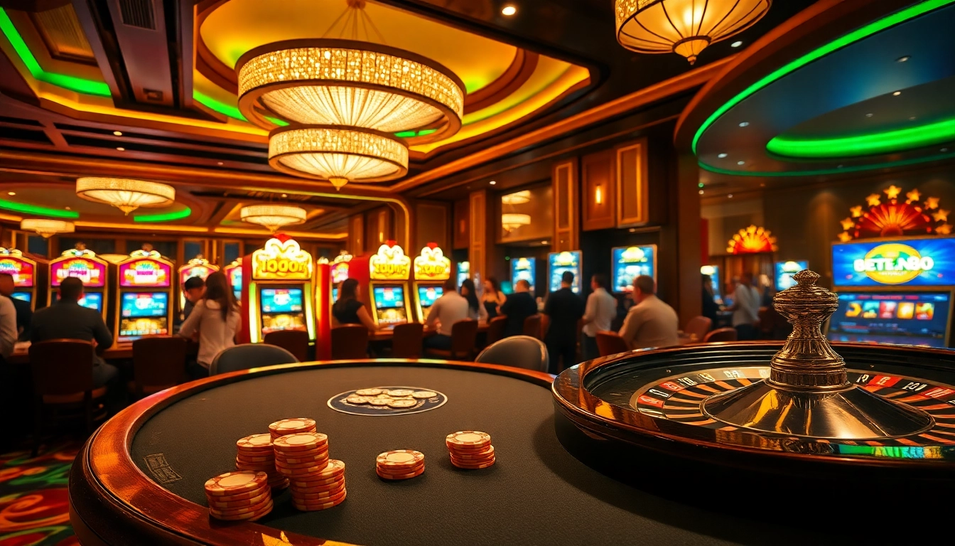 Experience the thrill of Bet88 đăng nhập at a luxurious casino with poker tables and slot machines.