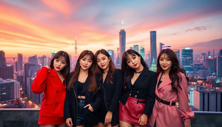 Capture the latest Blackpink news with this vibrant portrait of the group against a cityscape.