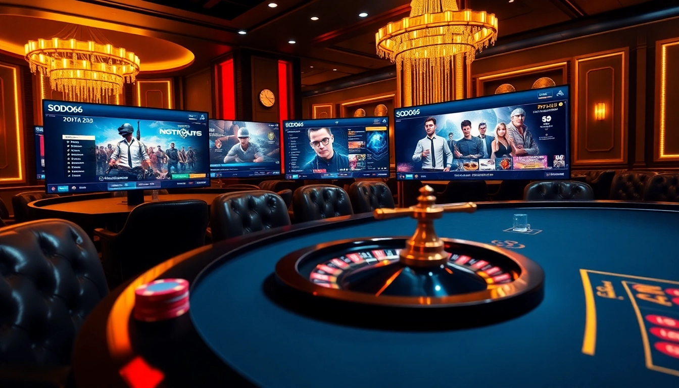 SODO66 players engaging in thrilling online gambling activities with poker chips and roulette wheel