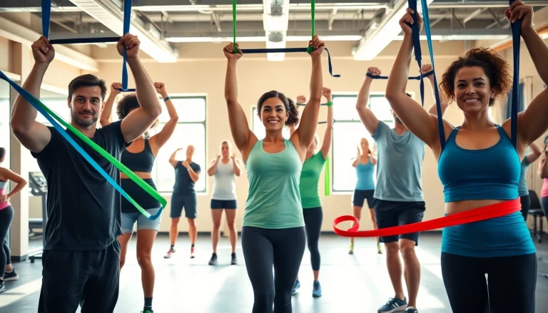 Engaged individuals using pull-up assist bands in a vibrant gym setting, showcasing exercise techniques.