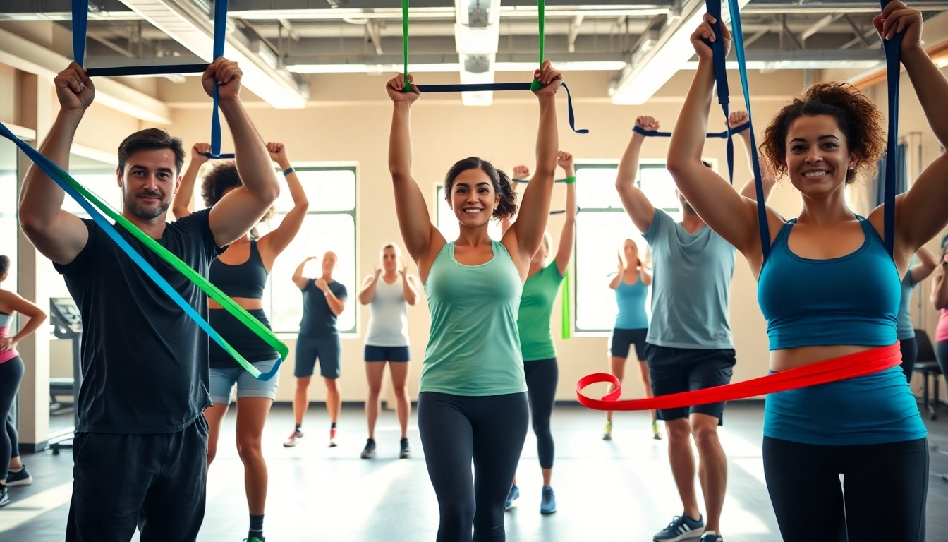 Engaged individuals using pull-up assist bands in a vibrant gym setting, showcasing exercise techniques.