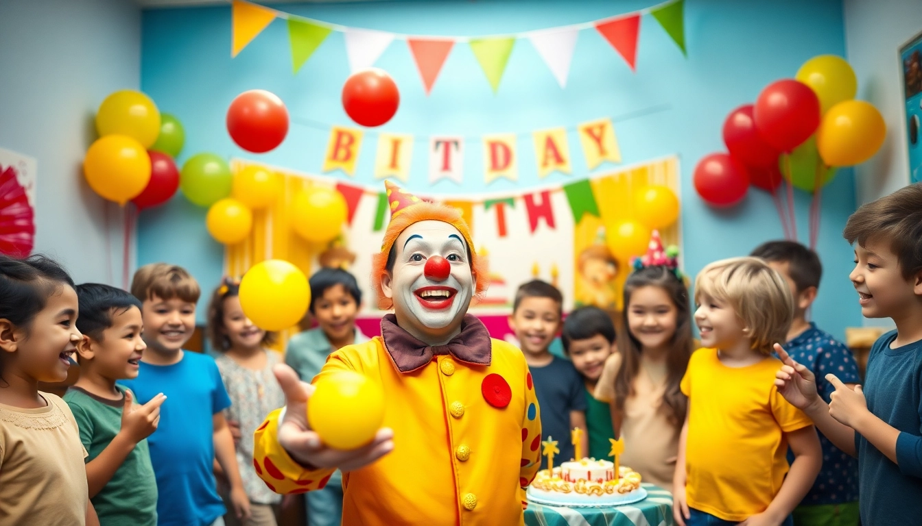 Birthday party entertainers delighting children with a juggling clown at a vibrant party scene.