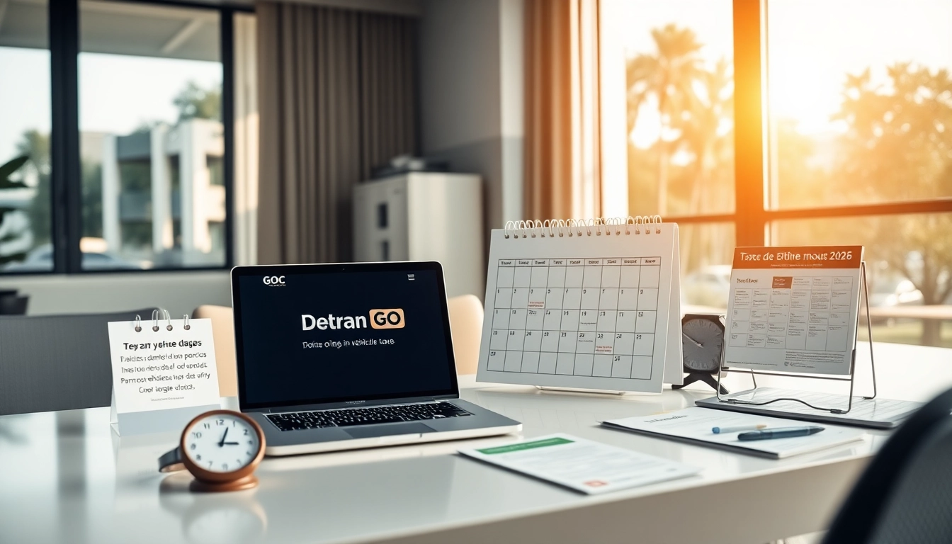 An organized office scene emphasizing the importance of IPVA GO 2026 payments with a calendar and laptop.