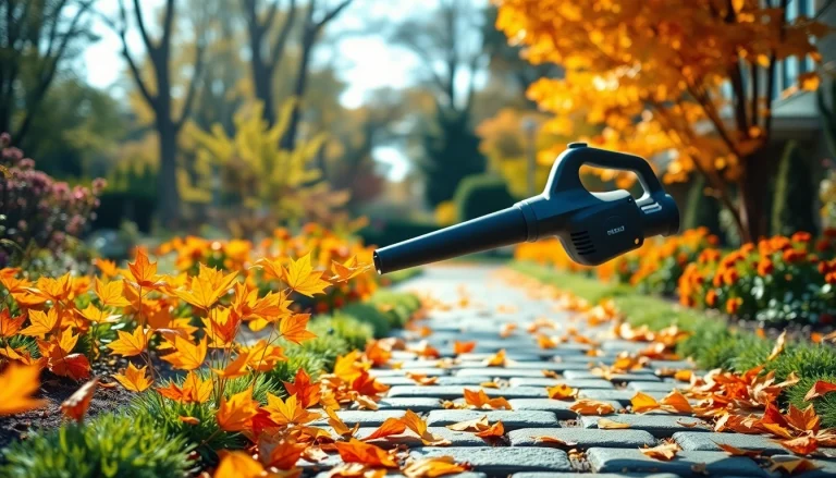 Efficient electric leaf blower clearing colorful autumn leaves from a garden pathway.