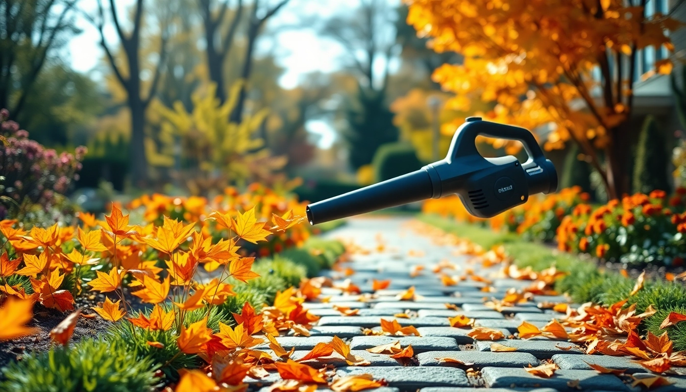 Efficient electric leaf blower clearing colorful autumn leaves from a garden pathway.
