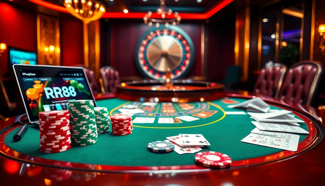 Engage in thrilling poker action at https://rr88.navy/ with vibrant chips and cards in a luxurious casino setting.