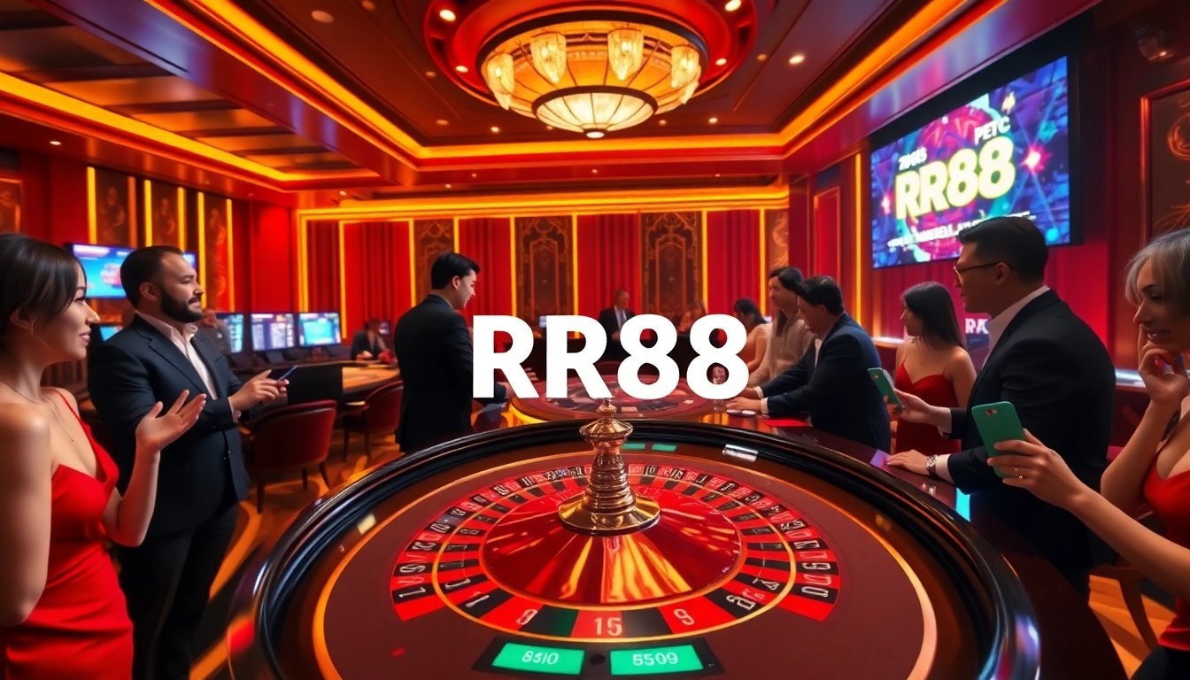 Experience the excitement of RR88 with players at a vibrant roulette table amidst a luxurious casino atmosphere.