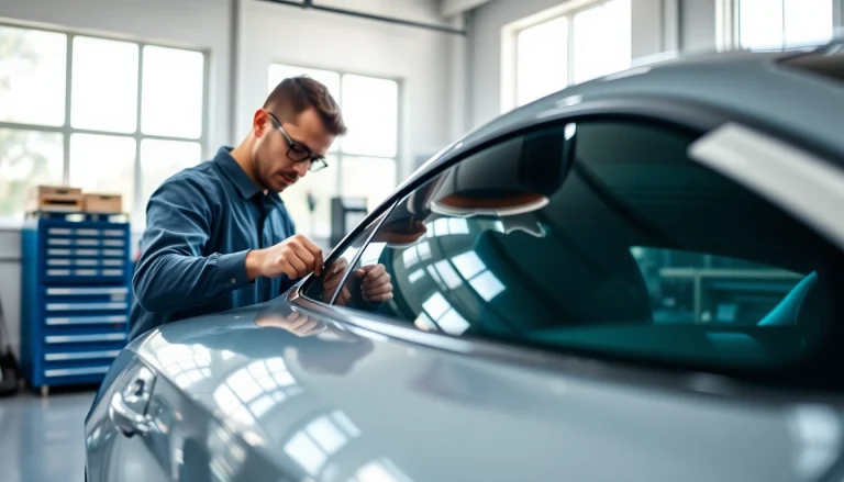 Apply window tint near me for a sleek vehicle finish in a professional garage.