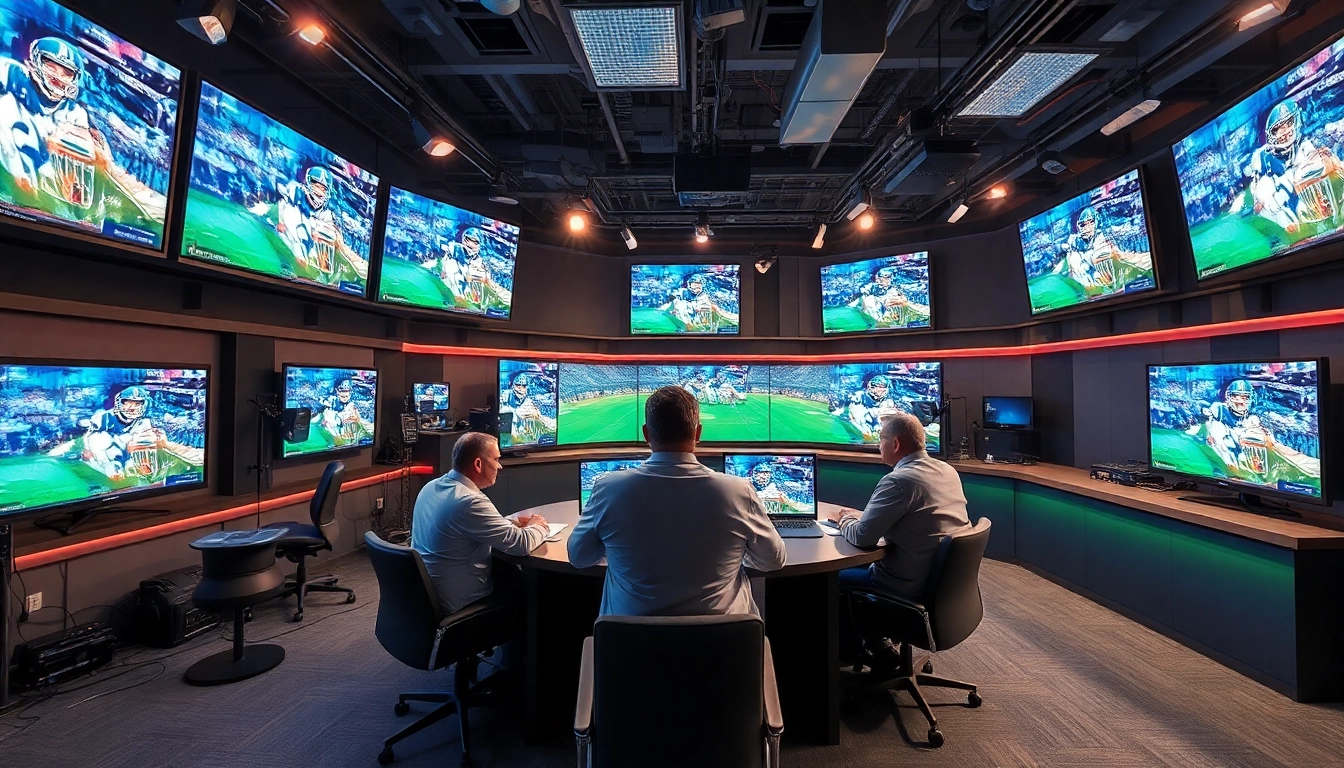 Engaging sports broadcasting studio showcasing live events, analysts, and advanced technology.