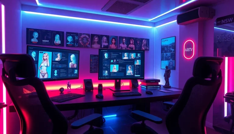 Discover innovative AI NSFW content creation in a futuristic workspace with vibrant visuals.