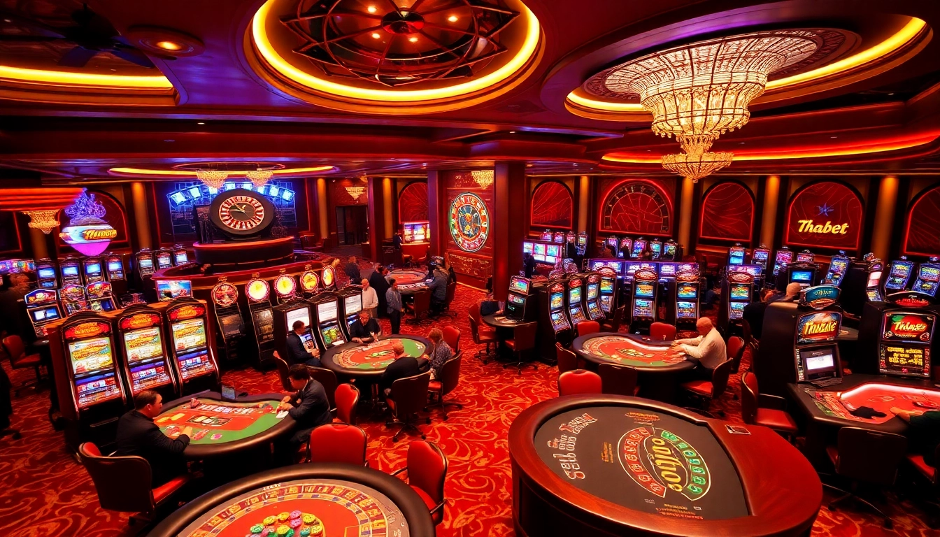 Thrilling scene at Thabet casino with vibrant tables, engaged players, and roulette wheel.