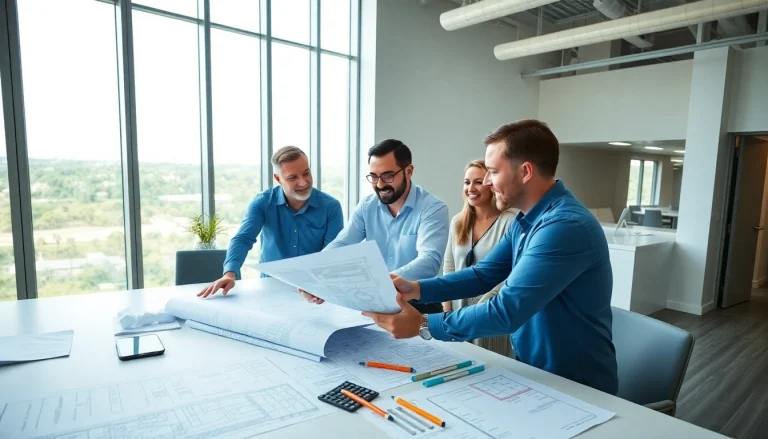 Builders discussing blueprints, representing the Texas association of builders' collaboration.