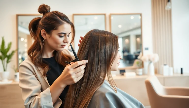 Stylish hairstylist shaping a client's hair in a salon coafura, emphasizing modern elegance and professionalism.