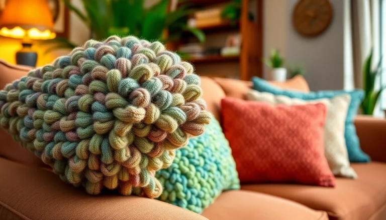 Bekijk de unieke textuur van boucle stof op een stijlvolle bank met kussens.