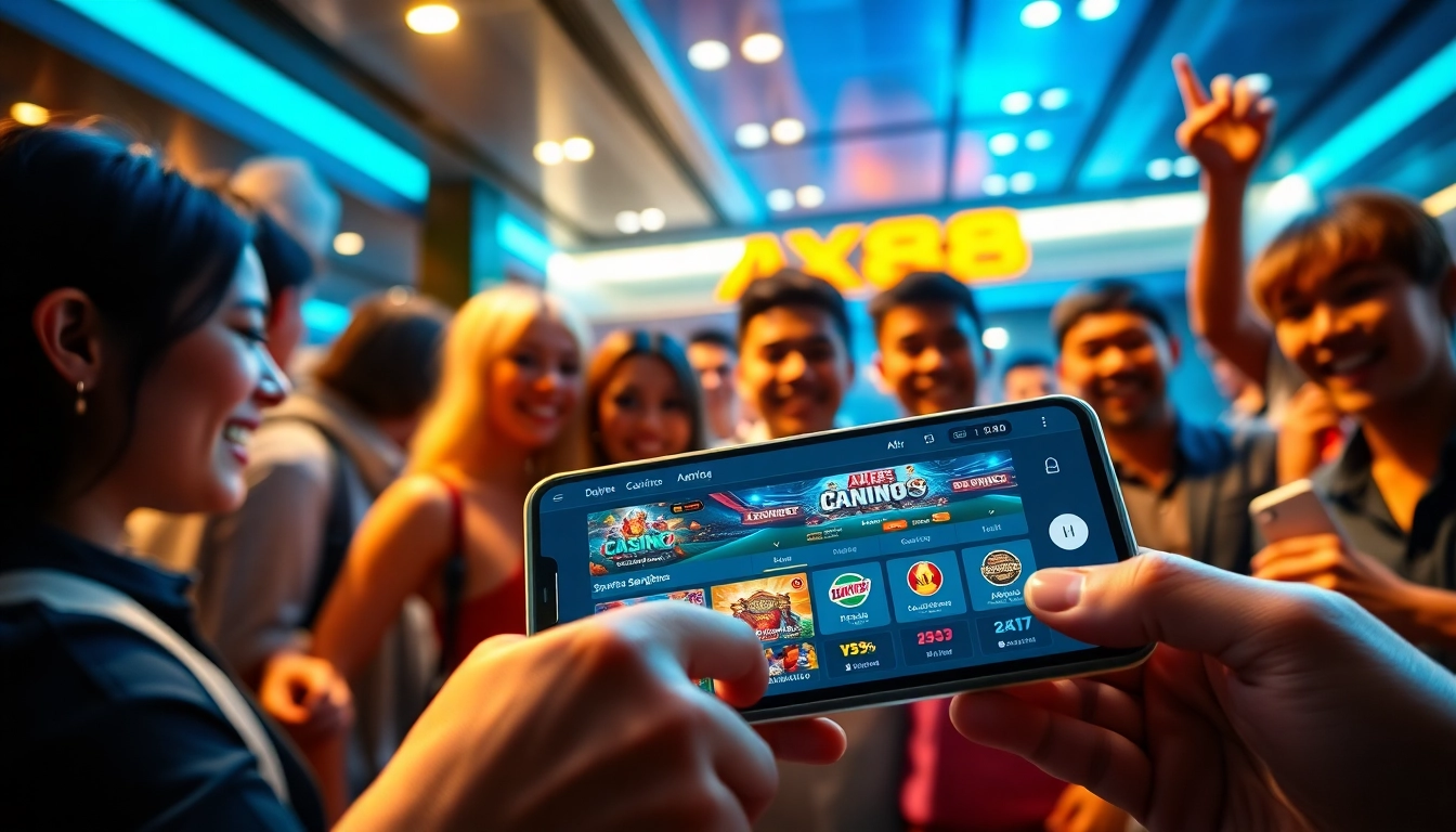 Cảnh động cho thấy người dùng tương tác với ứng dụng AX88 trên thiết bị di động, trình diễn các trò chơi casino đầy màu sắc.