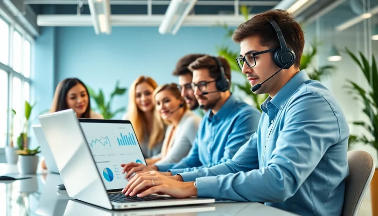 Helpdesk support team collaboratively working in a modern office setting.