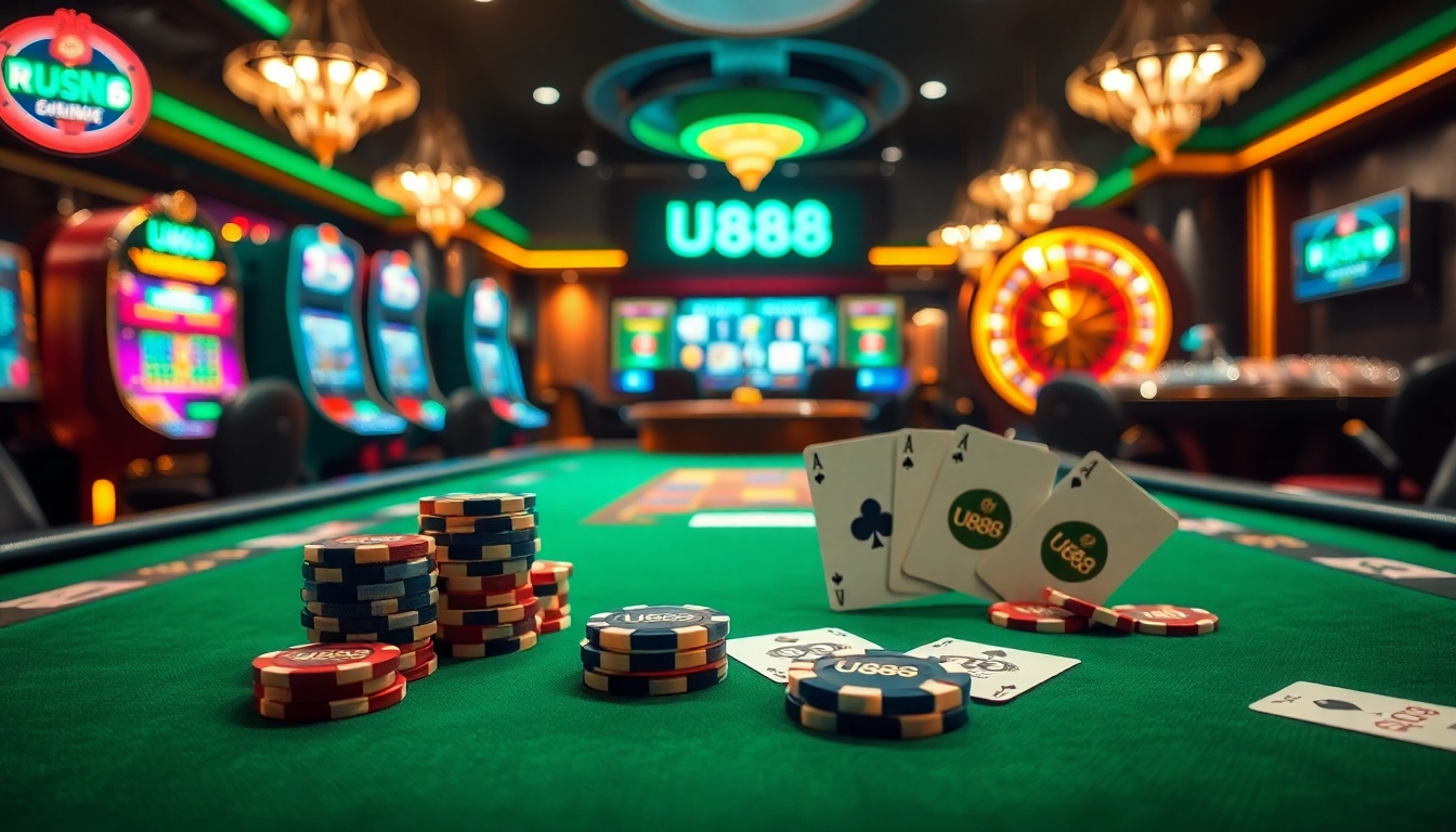 Experience high-stakes excitement at U888's glamorous casino table with chips and cards.