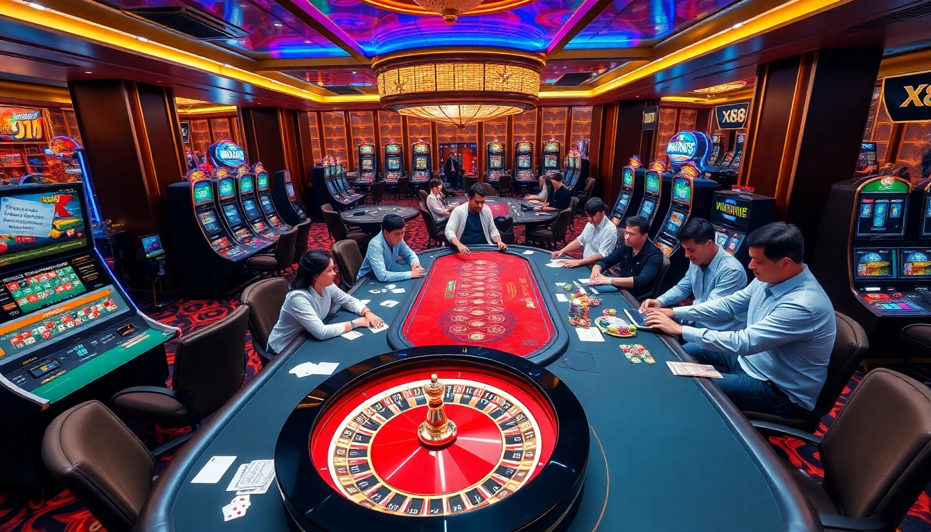 Players enjoying the vibrant casino experience at XX88 with slot machines and poker tables.