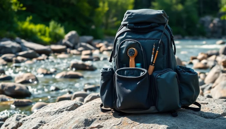 Showcasing a fly fishing backpack filled with gear on a riverbank, highlighting its features and waterproof design.