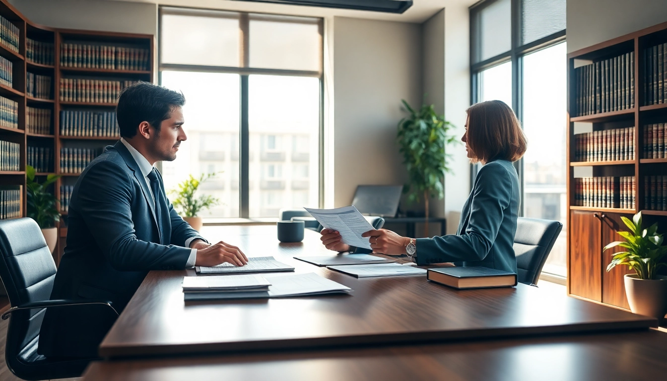 Eminent domain lawyer consulting a client in a modern law office setting.