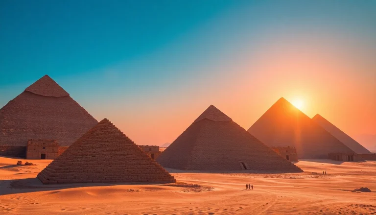 Explore the intricate textures of the pyramids in this stunning aerial view during sunset.