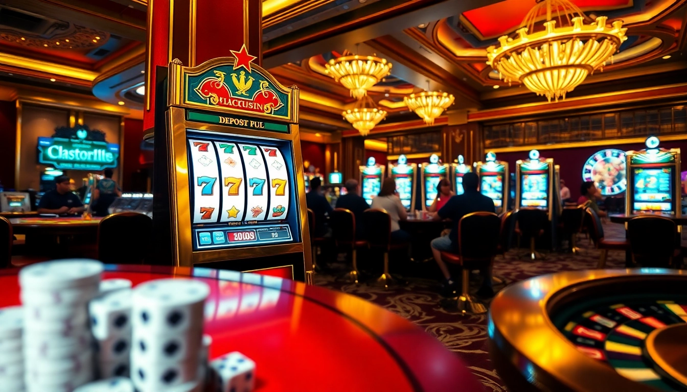 Excited players enjoying the slot deposit pulsa experience in a luxurious casino environment.