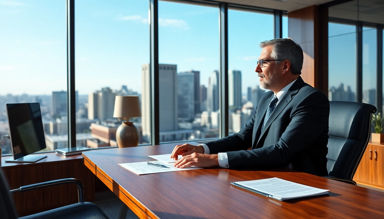 Eminent domain lawyer consulting with a client in a modern office environment.