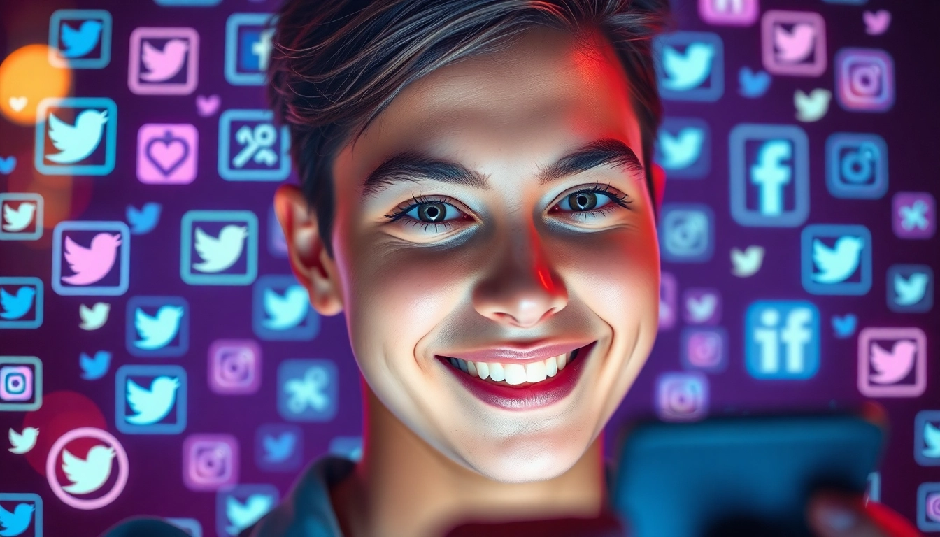 Find OnlyFans by picture with a digital interface showcasing social media icons around a smiling young adult.