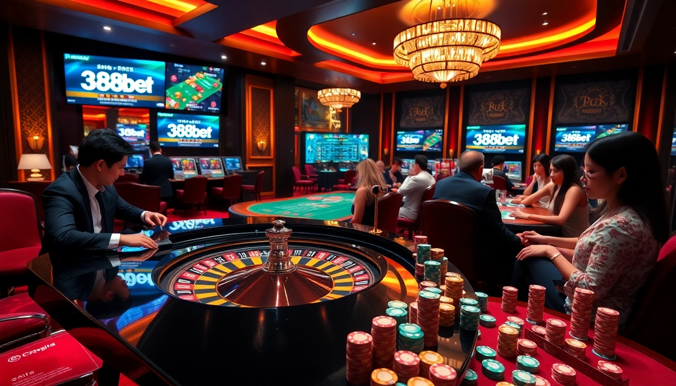 Players enjoying high-stakes games at the 388bet casino, with vibrant poker chips and a roulette wheel.