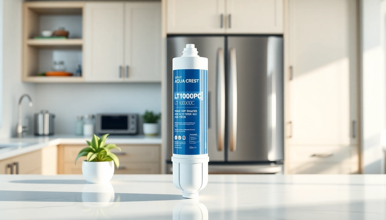 AQUA CREST LT1000PC ADQ747935 Refrigerator Water Filter and Air Filter in a modern kitchen, highlighting its design and performance.