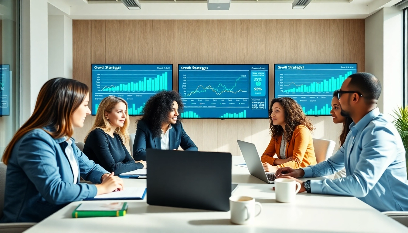 Engaging discussion on business growth insights among professionals in a modern meeting space.