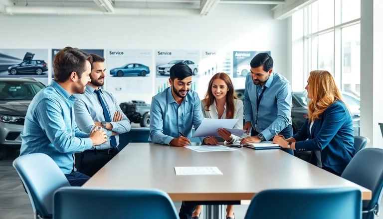 Vehicle service contract provider team discussing agreements in a modern office setting.