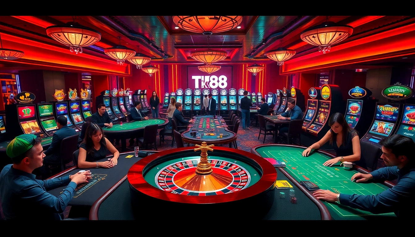 Players enjoy the thrill of Tk88 casino games at vibrant tables with roulette and poker.